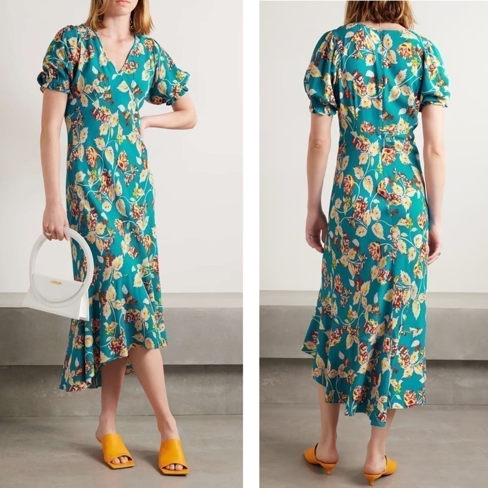 Diane Von Fustenberg Orla Dress Floral Turquoise Sz 14